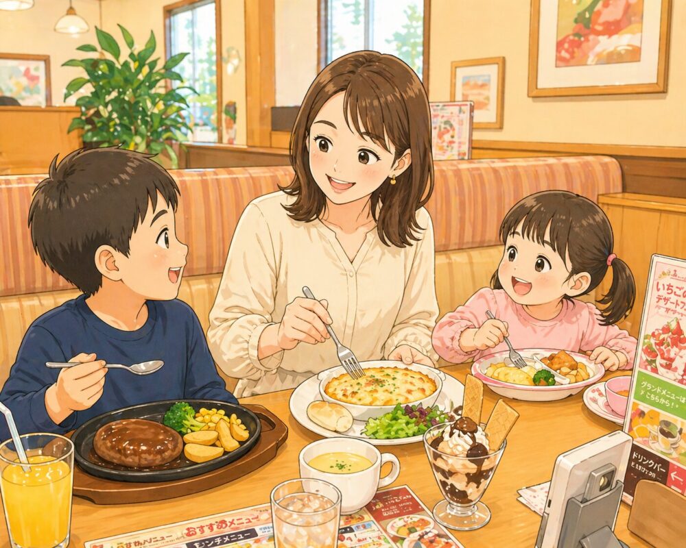ファミレスで食事をしている親子のイラスト